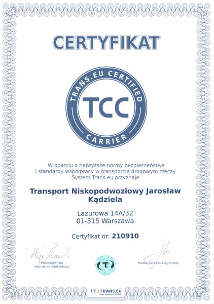 Certyfikat Rzetelnego Przewoźnika - Transport Niskopodwoziowy Jarosław Kądziela - TransId 210910